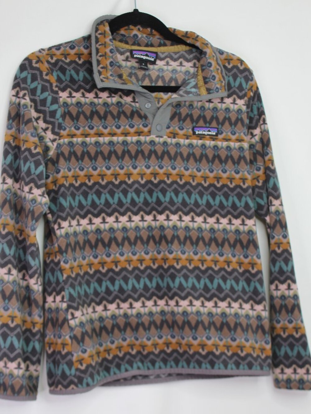 Patagonia Geometric Autumn Outdoor Fleece Orange Teal Pullover Sz Small